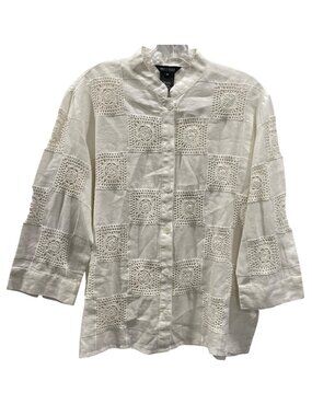 Multiples Linen Button Up Crochet Granny Square Shirt M White Boho Cottagecore